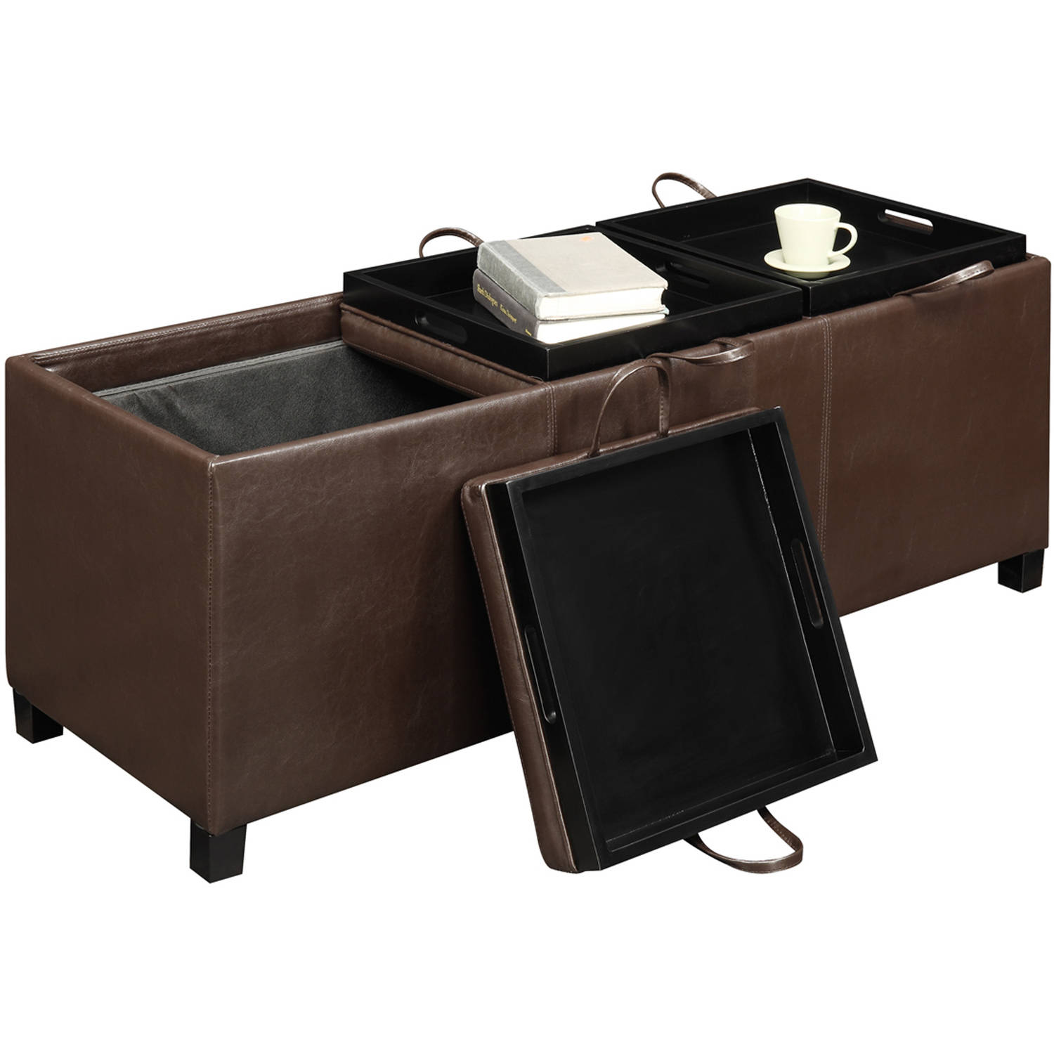 Designs4Comfort Faux Leather Storage Bench with 3 Tray Tops, Espresso - image 3 of 6