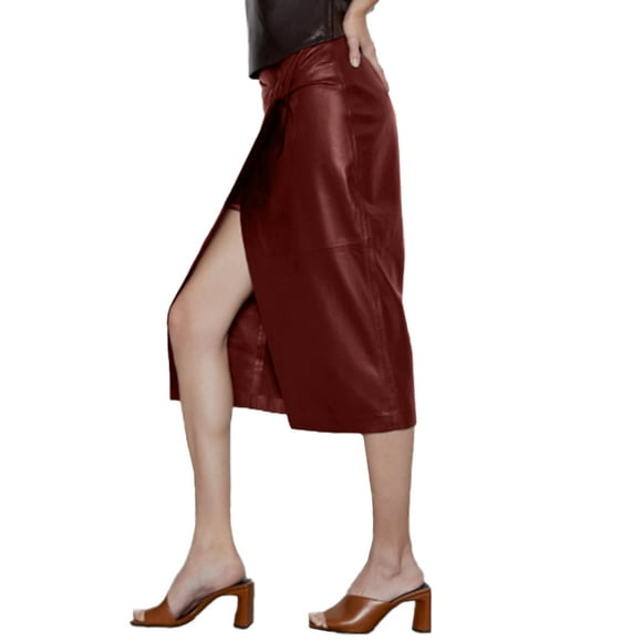 Celmia Womens Faux Leather Half Slit Club Skirt Hip PU Twisted Skirt Dress