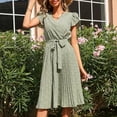 thumbnail image 2 of Boho Dress for Women Petal Short Sleeve V Neck Bohemian Midi Dress Casual Loose Summer Pleated Beach Dress with Belt, 2 of 7