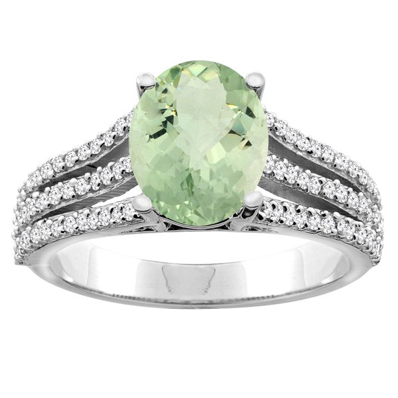 10K White Gold Natural Green Amethyst Amethyst Tri-split Ring Oval 9x7mm Diamond Accents, size 7