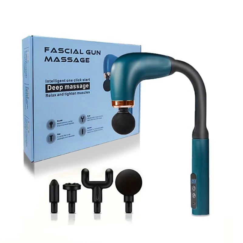 Percussion Massage Gun with Extended Long Handle, Cordless Deep Tissue Massager for Full-Body Self-Massage on Back, Neck, and Shoulders, with 4 Heads,Peacock blue