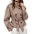 thumbnail image 2 of DPTALR Women's Gingham Stand Collar Double Breasted Belted Short Jacket Coat with Pockets,Size S-2XL, 2 of 9