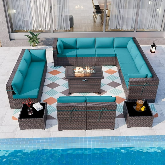 Gotland 15 Pieces Outdoor Patio Furniture Set with Propane Fire Pit Table Outdoor Sectional Sofa