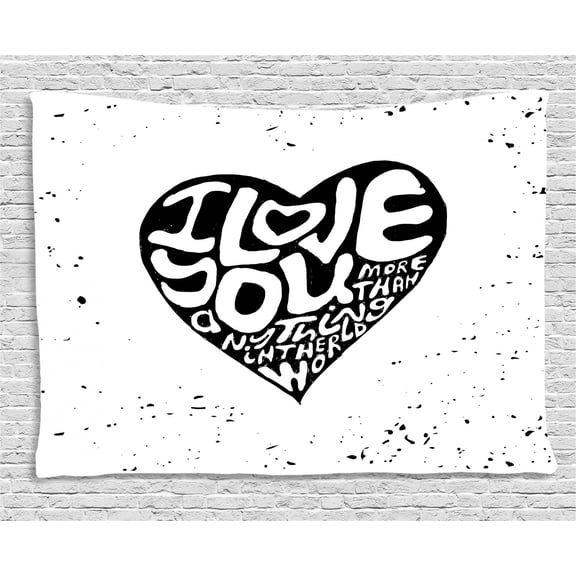 I Love You More Tapestry, Artistic Calligraphy in a Heart Shape with Grunge Messy Look Inspirational, Wall Hanging for Bedroom Living Room Dorm Decor, 80W X 60L Inches, Black White, by Ambesonne