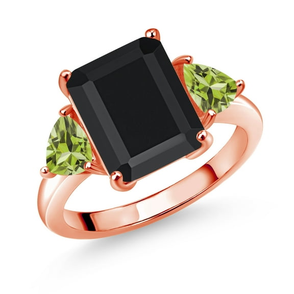 Gem Stone King 18K Rose Gold Plated Silver Black Onyx and Green Peridot 3 Stone Ring for Women (6.73 Cttw, Octagon 12X10MM, Trillion 5X5MM, Gemstone December Birthstone, Size 9)