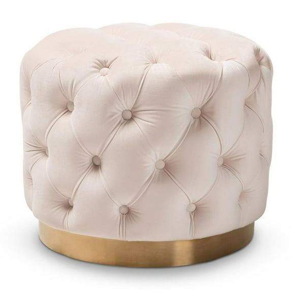 Bowery Hill Modern Tufted Velvet Ottoman in Light Beige and Gold