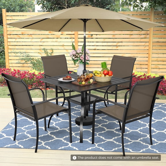 SOLAURA 6-Piece Outdoor Patio Dining Set with Umbrella, Patio Furniture Set with Textilene Chairs, Metal Square Dining Table and Brown Umbrella for 4 People, Khaki