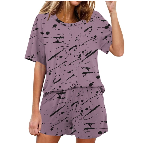 Conjunto de Pijama de las Mujeres de Moda Casual Color Sólido Manga Corta Cuello Redondo Top Y Pantalones