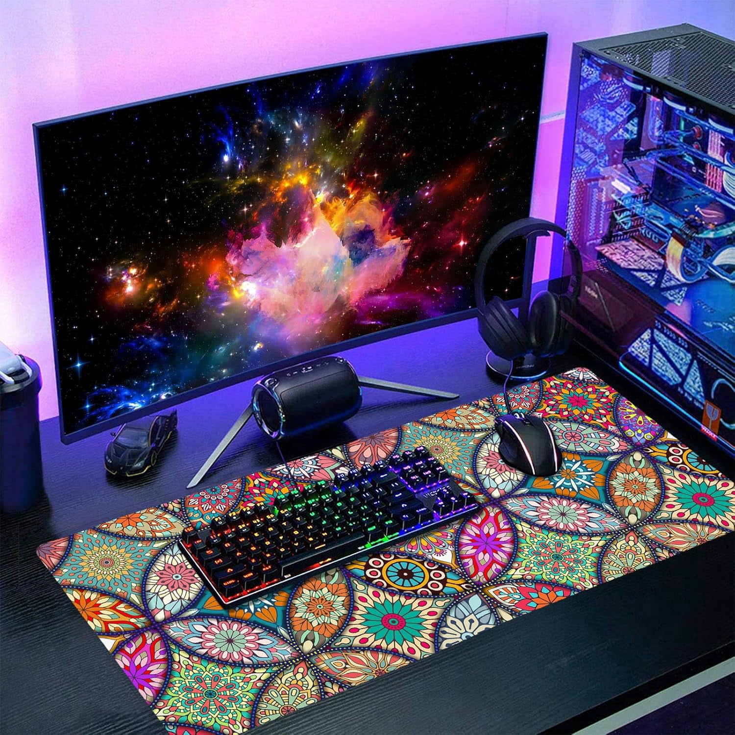 Colorful Mandala Gaming Mouse Pad XXL Pretty Boho Bohemian Extended Big Large Desk Mat Non-Slip Rubber Base Stitched Edge Long Keyboard Mousepad for PC Computer Laptop,35.4×15.7 in