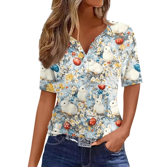 OIOLOYJM Womens Easter Shirts 2026 Funny Bunny Egg Print Henley Shirts Casual Button Up V-Neck Short Sleeve T Shirts Spring Lightweight Pullover Tops Blue 2XL