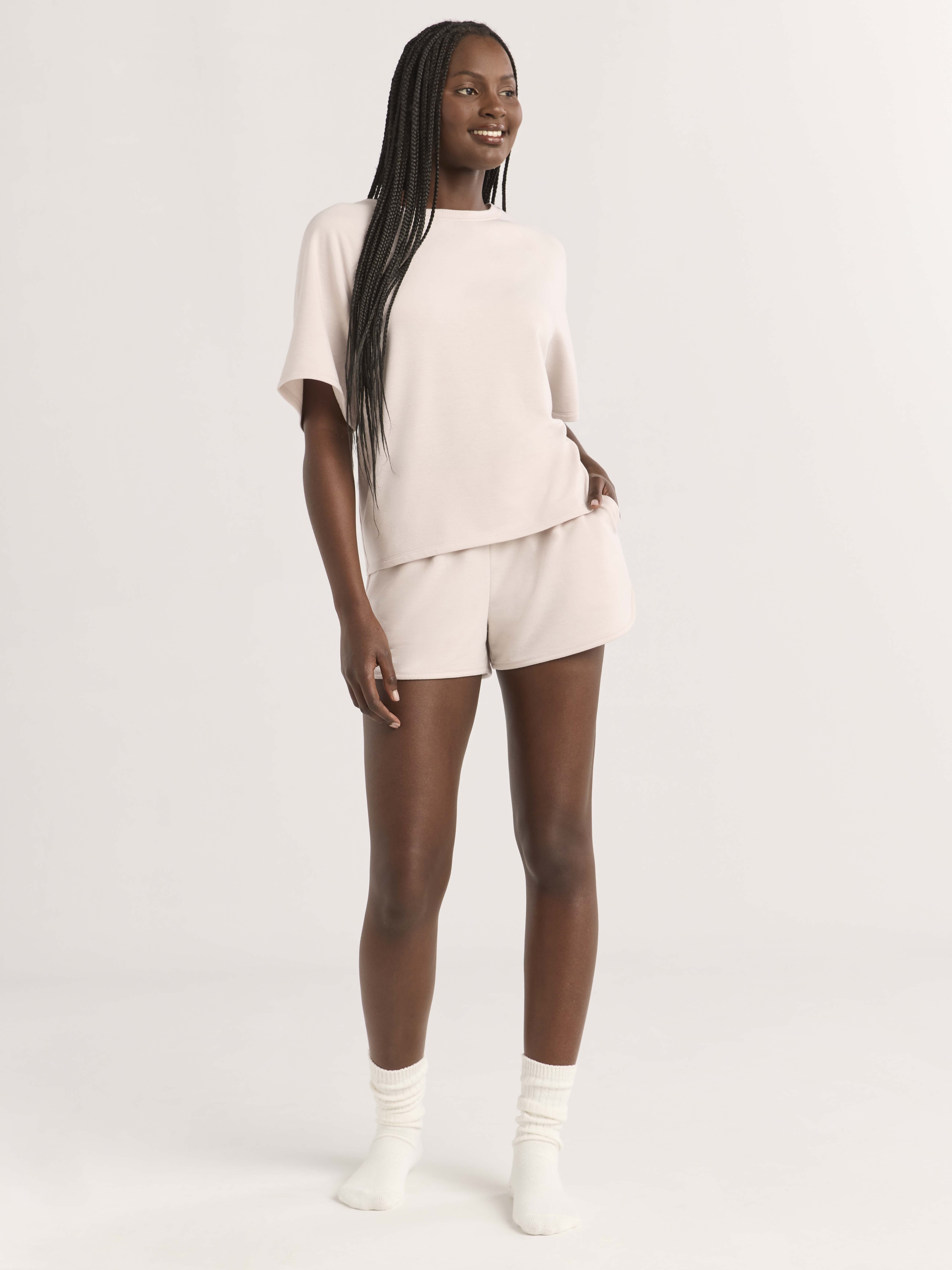 Joyspun Women's French Terry Short Sleeve Top and Shorts Set, 2-Piece, Sizes XS-3X
