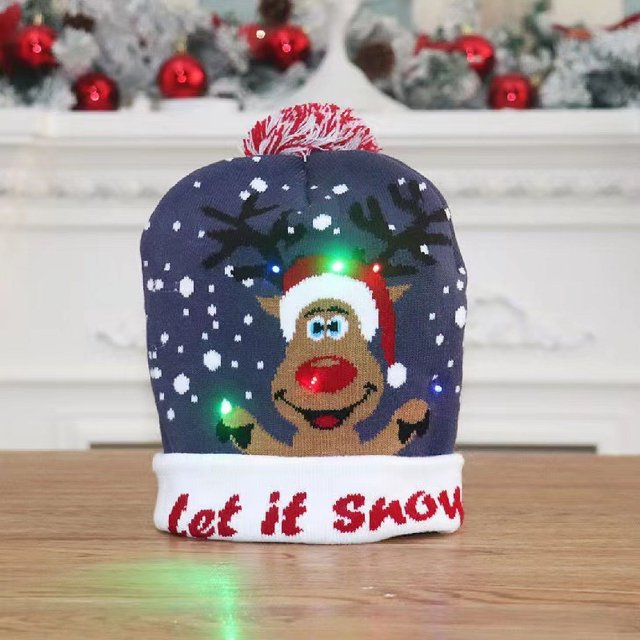 Gorro navideño luminoso para niños y adultos, cálido jersey de punto para otoño e invierno, gorro de felpa estampado