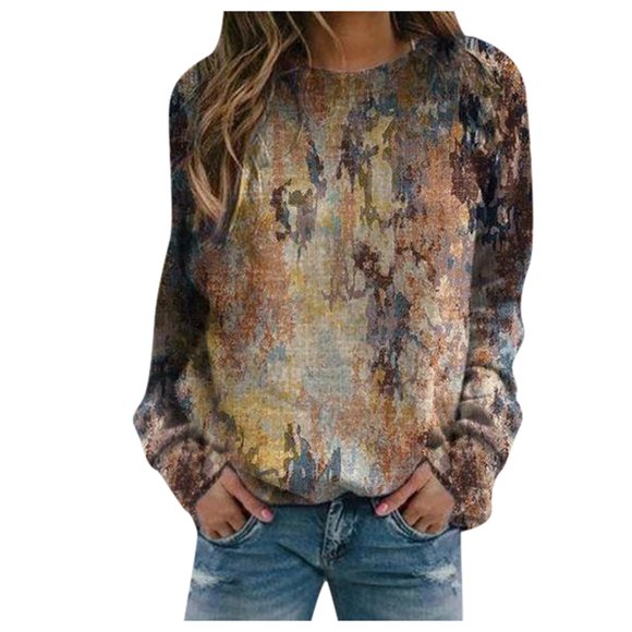 Pompotops Women's Casual Print Sweatshirts Thermal Crewneck Long Sleeve T-Shirts Loose Com Clearance