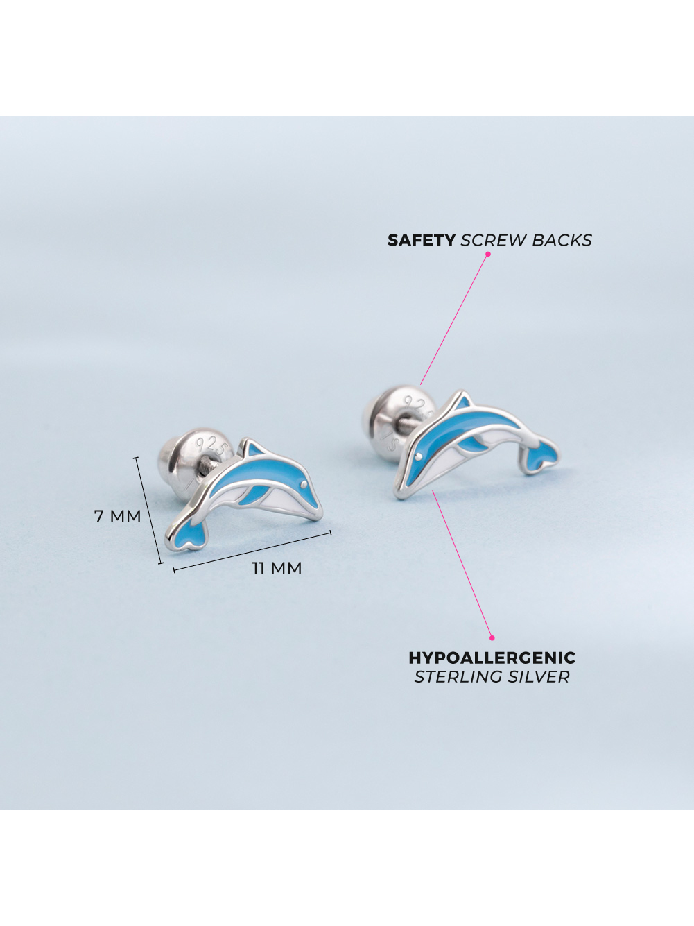 925 Sterling Silver Blue Enamel Leaping Dolphins Screw Back Earrings for Girls
