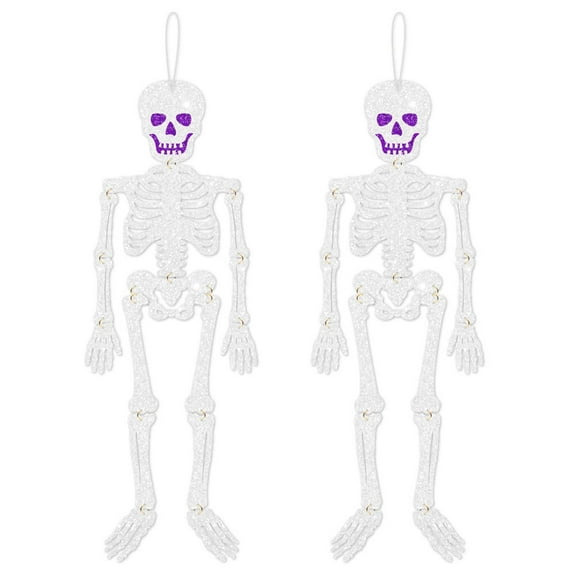 2 Pack Glitter Paper Skeleton Hanging Ornaments with Poseable Joints for Halloween Party Decor, 26 Inch Height
