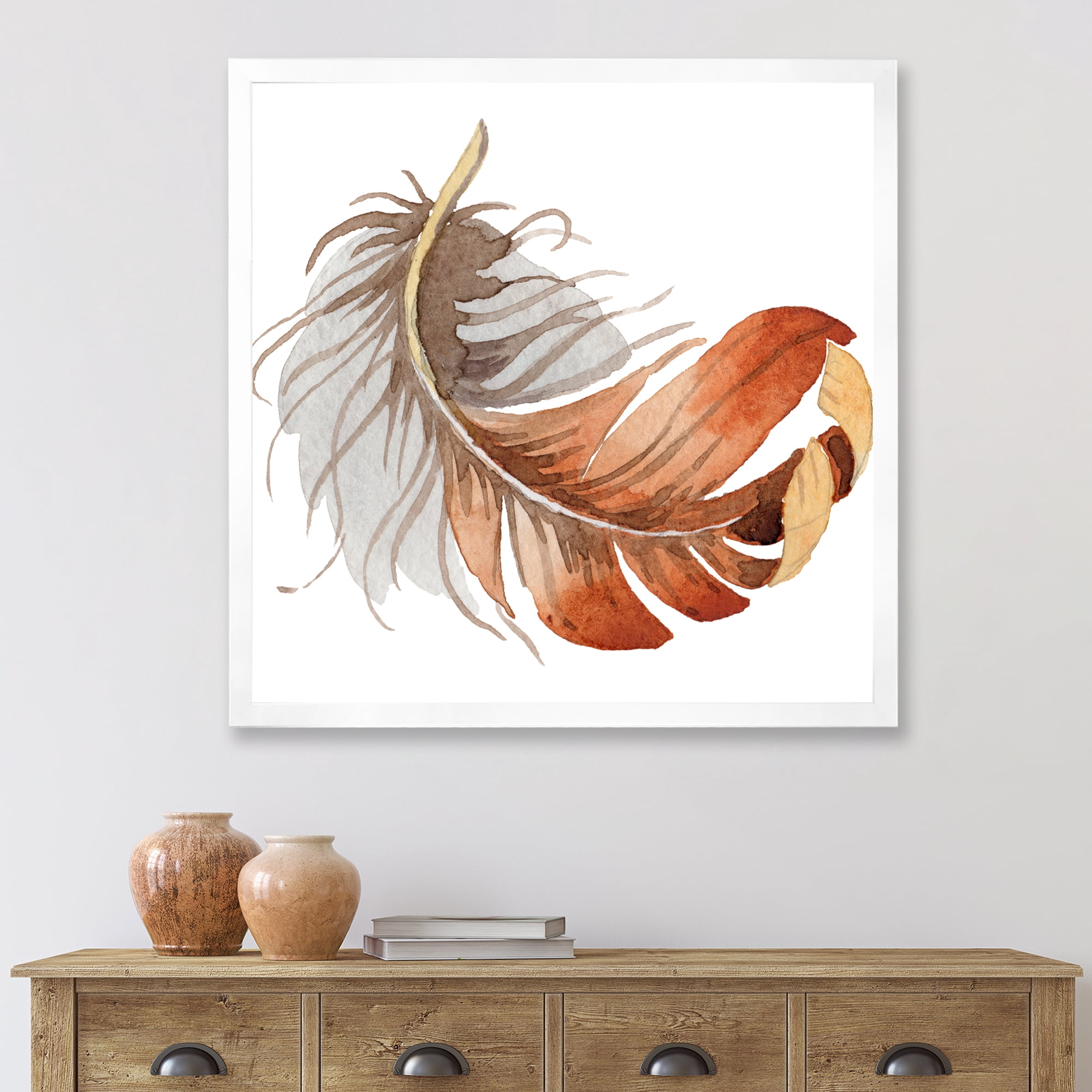Designart 'Orange Ethnic Bird Feather On White' Bohemian & Eclectic Framed Art Print