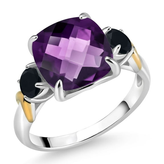 Gem Stone King 925 Silver and 10K Yellow Gold Purple Amethyst and Black Onyx 3 Stone Ring for Women (3.44 Cttw, Gemstone February Birthstone, Cushion Checkerboard 10MM, Round 4MM, Size 6)