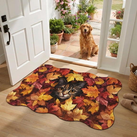 Scalloped Door Mat 20"x31.5", Fall Absorbent Non Slip Front Door Mat, Thanksgiving Rustic Cat Orange Red Maple Leaf Diatomaceous Entryway Rug for Indoor Patio Laundry Room Kitchen Door Entrance