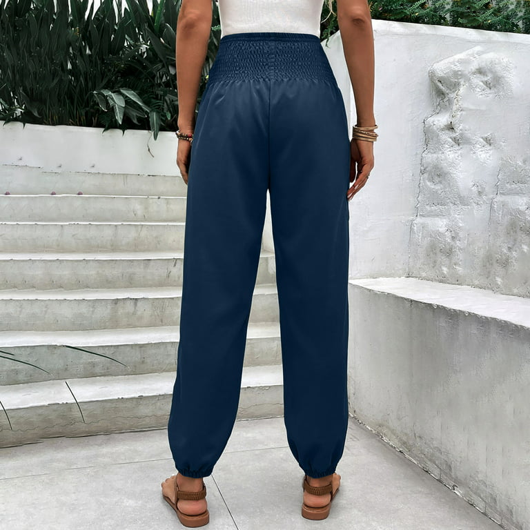 Jielur Hit Color High Waist Pants Women Pockets Loose High Street Straight  Pants Summer Navy Blue Khaki Trousers Female S-XL