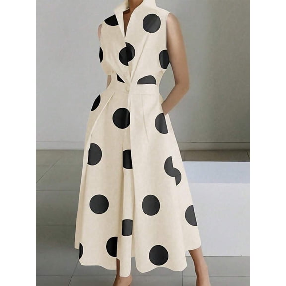 Beige Polka Dot V-Neck Sleeveless Button-Up Flared Midi Dress For Women