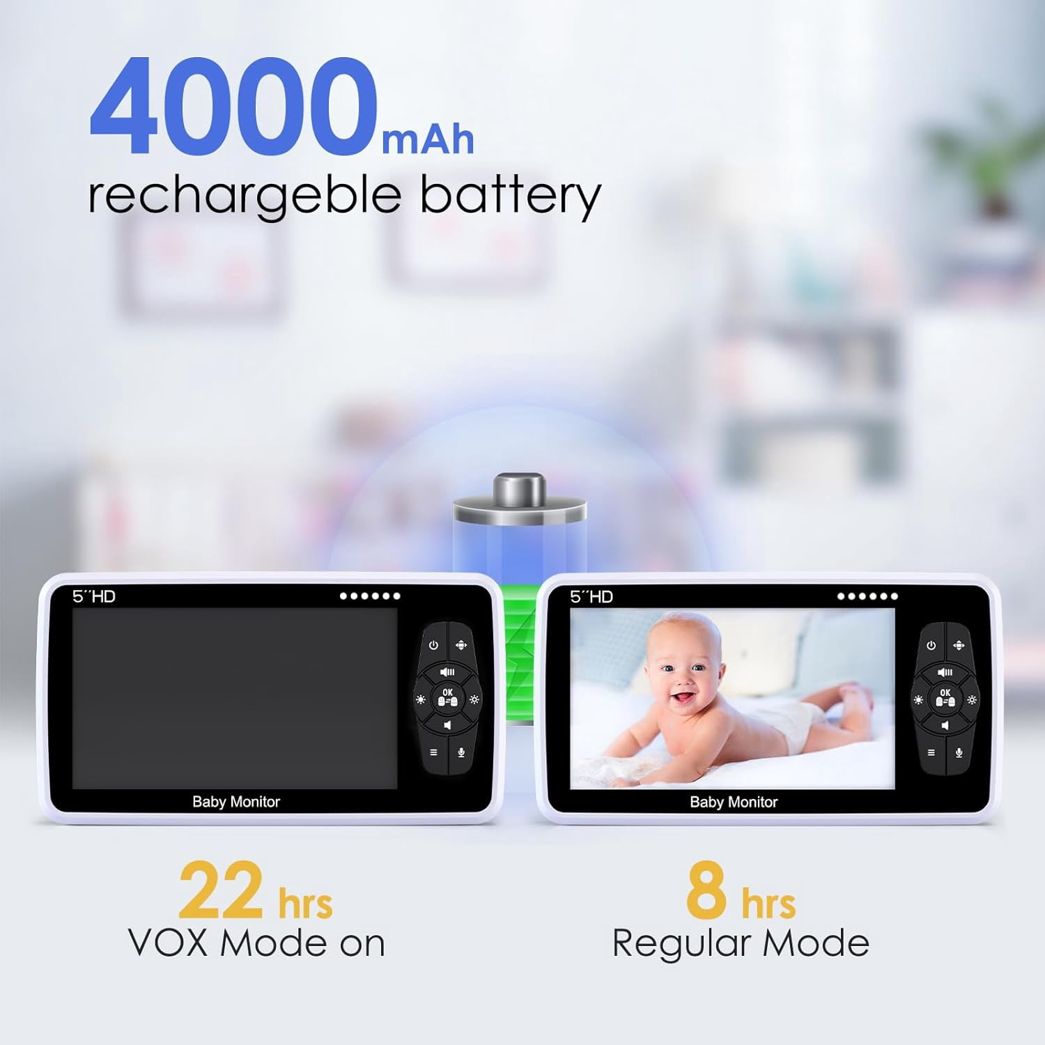 Baby Monitor with Camera and Audio, 5" IPS Display 720P HD, 4000mAh Long Battery Life, Pan-Tilt-Zoom, No WiFi, VOX Mode, Night Vision, 2-Way Audio, Temperature Sensor & Lullabies