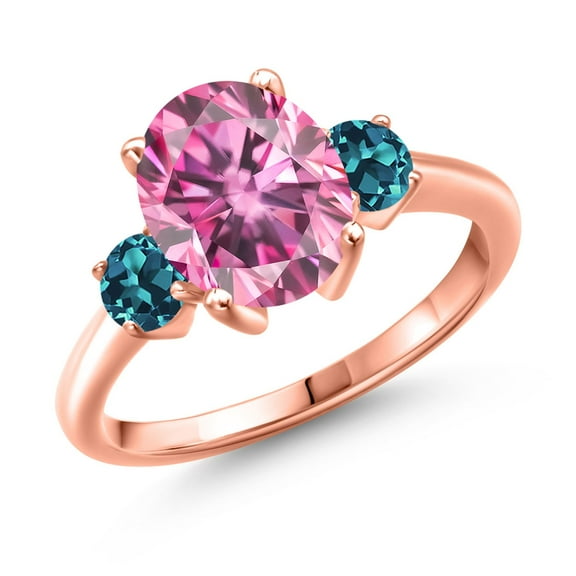 Gem Stone King 18K Rose Gold Plated Silver Ring Oval Pink Moissanite and Topaz London Blue (3.48 Cttw, Size 5)