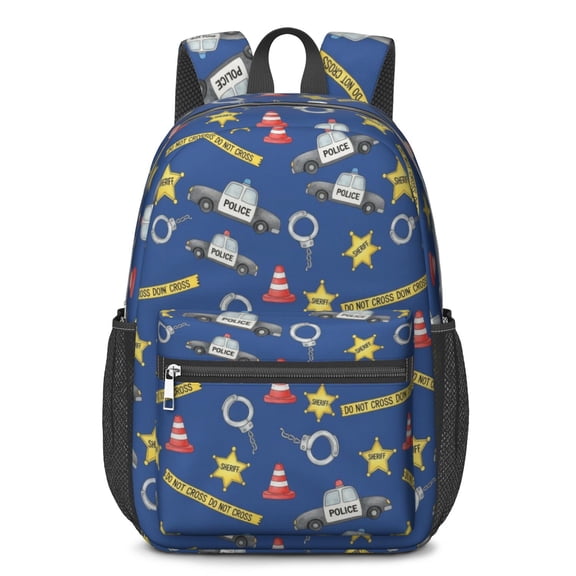 Police and Traffic Cone Blue Pattern 17" School Backpacks for Teens,Waterproof Oxford Fabric,S-Shape Padded Straps for School,Travel,Hiking,Camping
