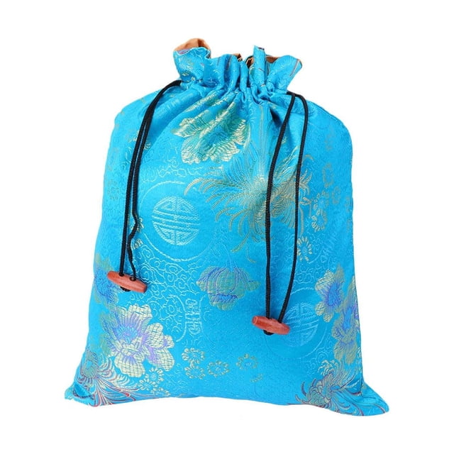 EeaseCA Silk Drawstring Bag Chinese Style Jewelry Pouch Storage Bag for Wedding Party (Blue, Random Pattern)