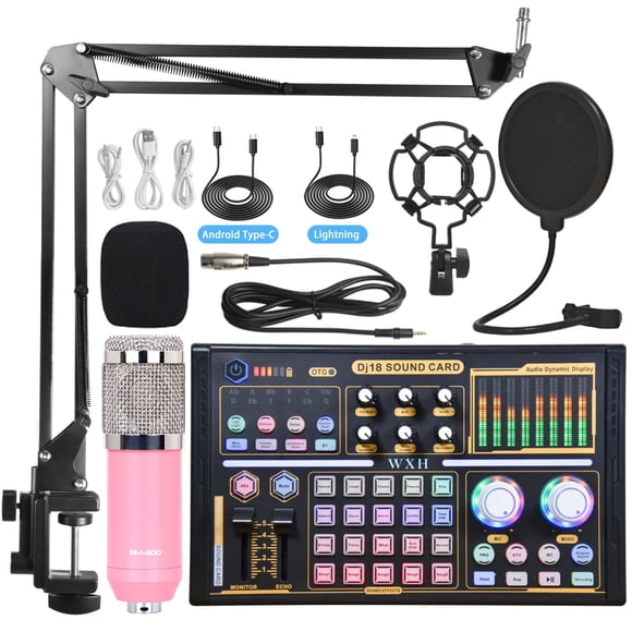 Professional recording studio audio set external microphone sound card with tuning equipment(Pink-Silver)