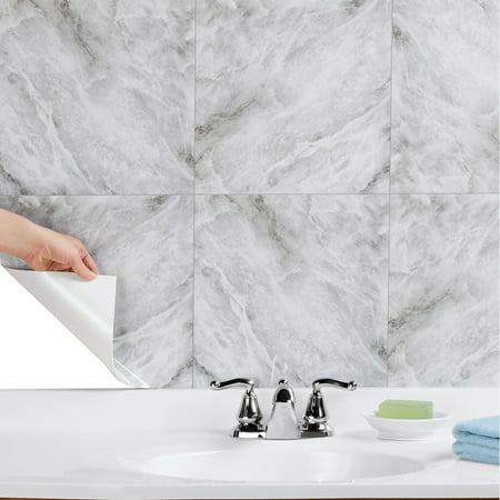 Dornbracht Wall - Peel and Stick Marble Wall Tiles, 12 x 12 for Bathrooms & Kitchens by Collections Etc. ¬ Set of 6 Square Sheets, Grey