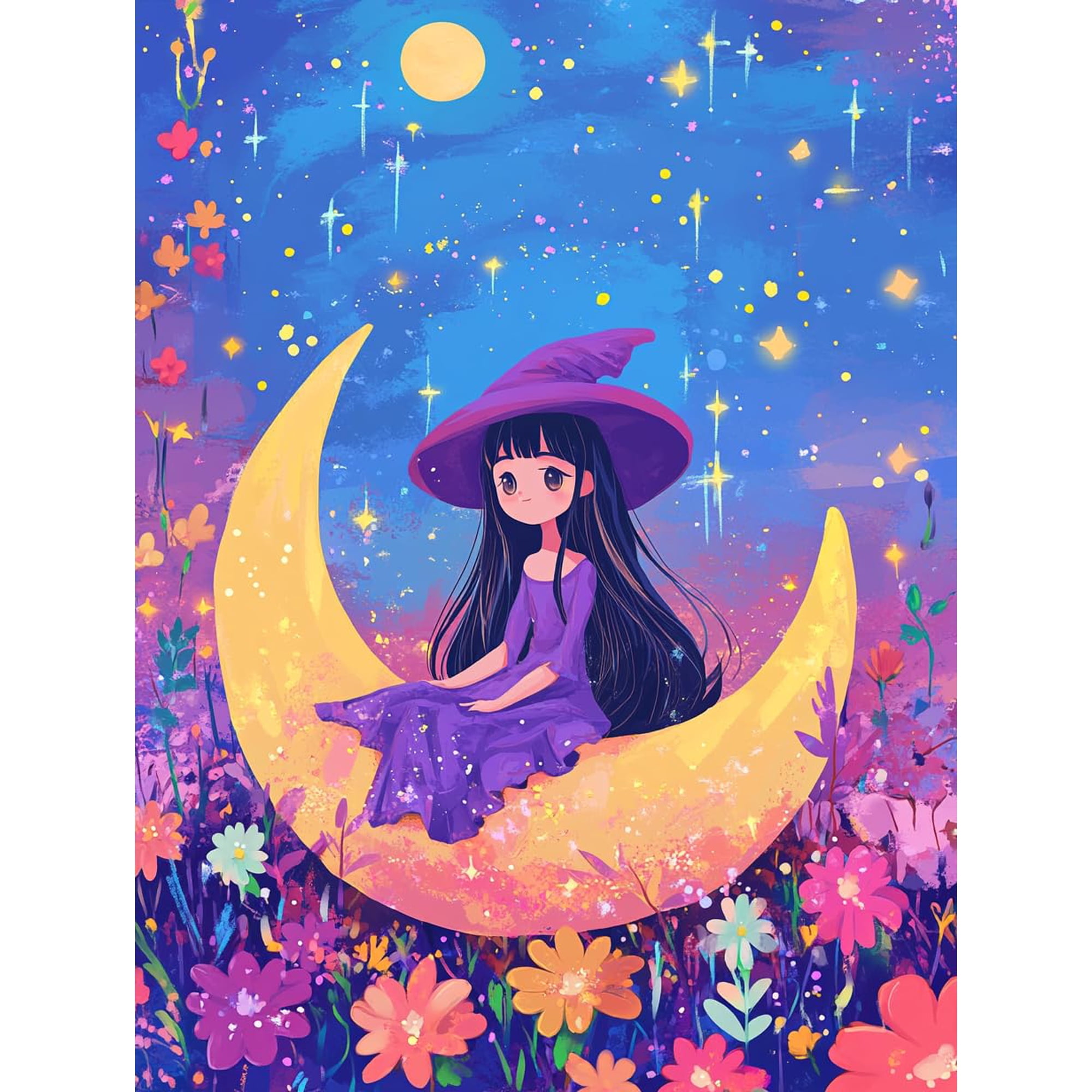 DIY Cross Stitch Kit for Beginners Cute Cartoon Female Sit on Crescent Moon 11CT Embroidery Kit with Pattern Stamped Needlepoint Craft Kit for Home Decor 40x50cm-1