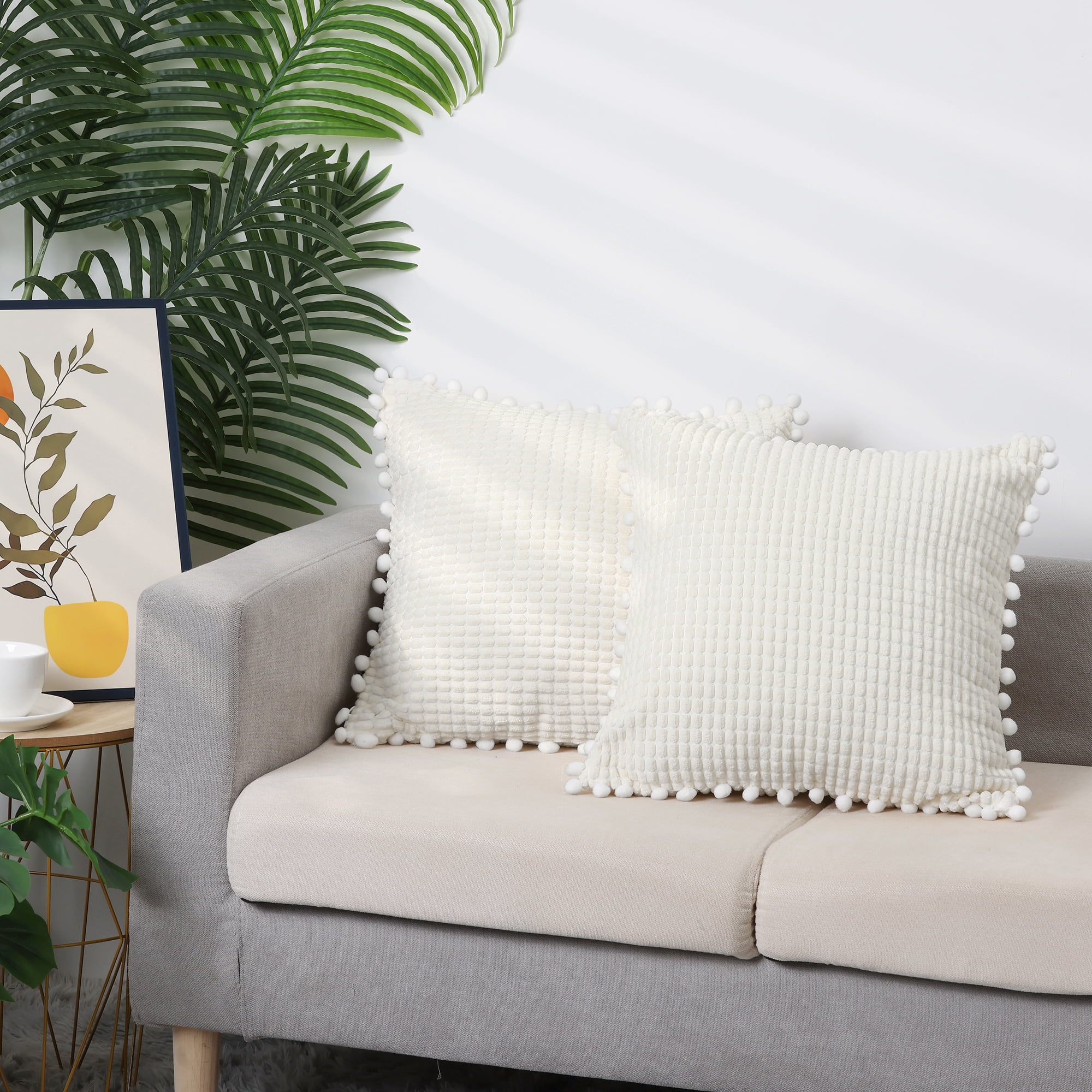 Unique Bargains Solid Neutral Square Throw Boho Decorative Pillow Covers Set of 2 for Home White 18" x 18"