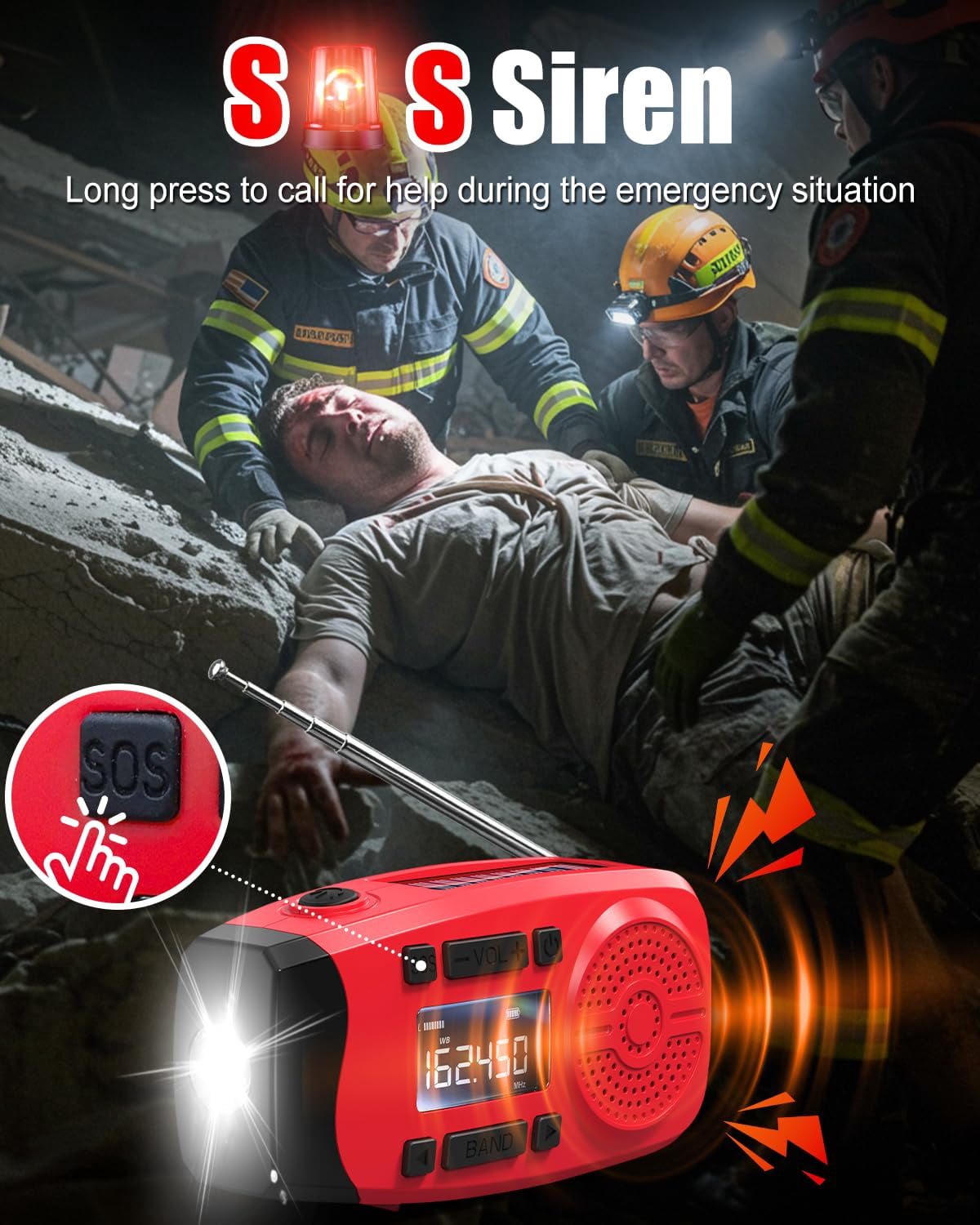 Emergency Weather Radio  7400mwh Hand Crank With Lcd Display Support Alert Usb/solar/hand 1w Flashlight & Sos Alarm For Outdoor Home