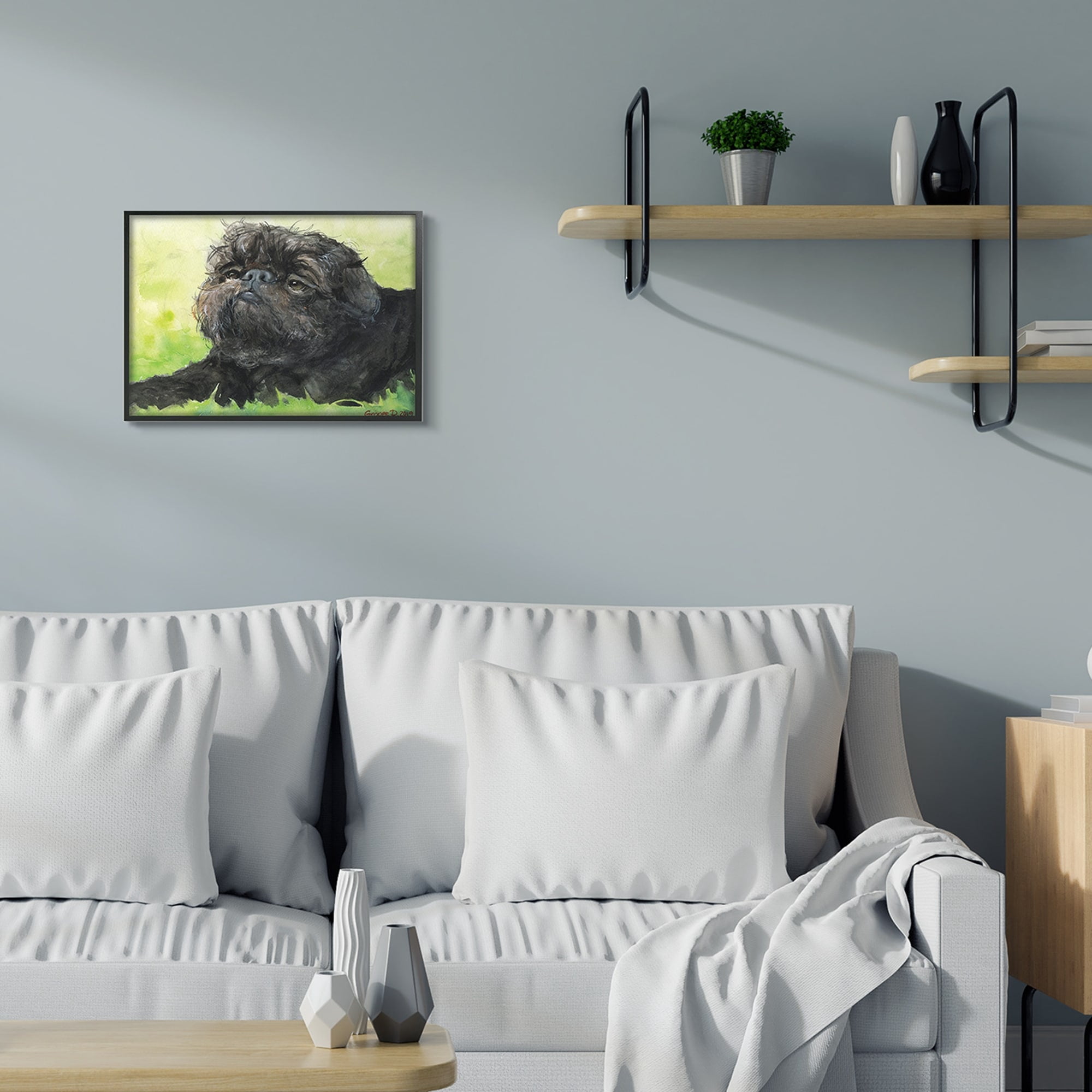 Stupell Industries Brussel Griffon Pet Dog Portrait Green Black Black Framed, 16 x 20, Design by George Dyachenko