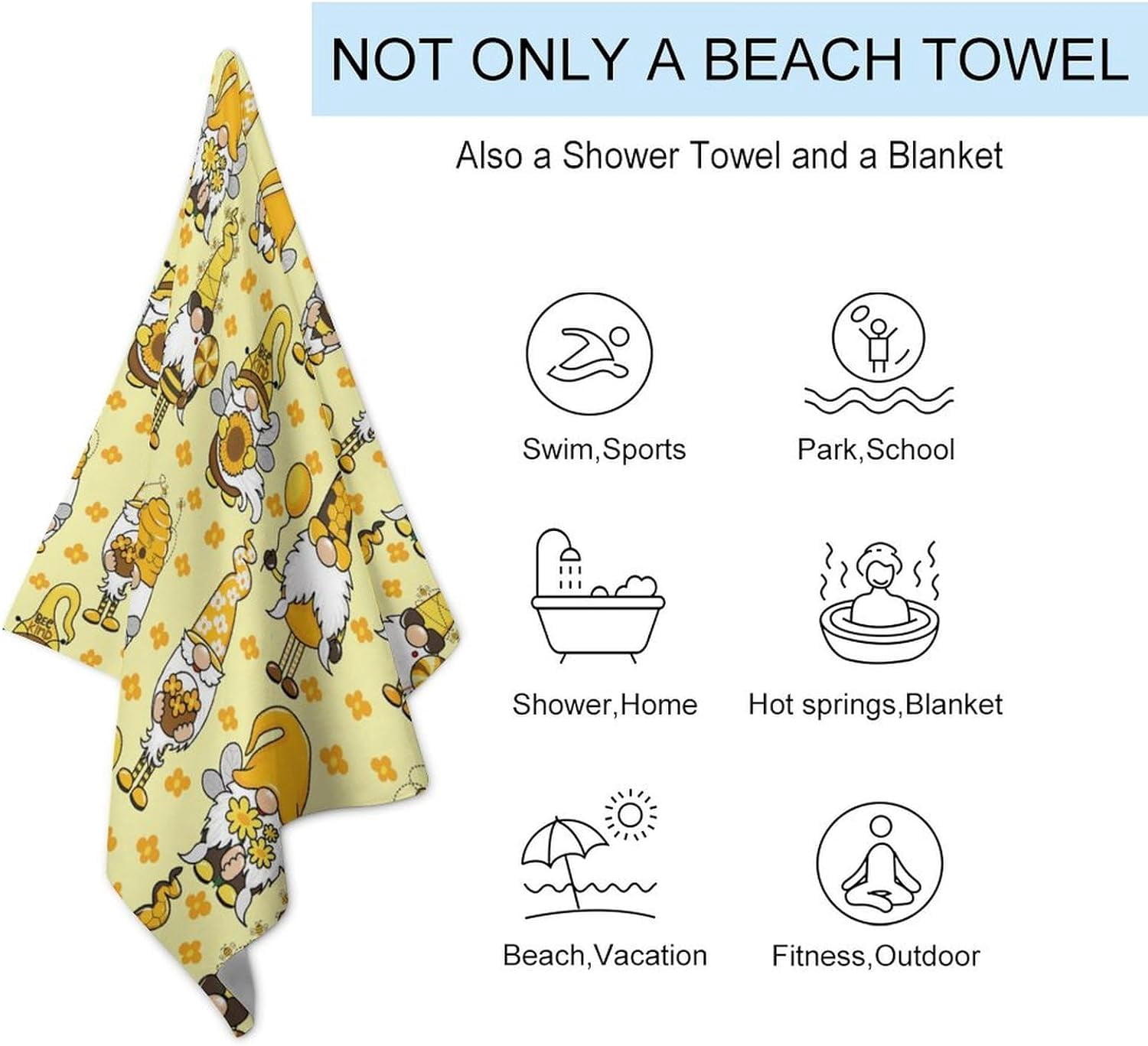 for Funny Honeybee Gnomes Bee Sunflower Yellow Oversized Beach Towel, Extra Large Thick Pool Towel, Ultra Absorbent Beach Blanket, Soft Plush Swim Bath Towels for Adults Mens Women