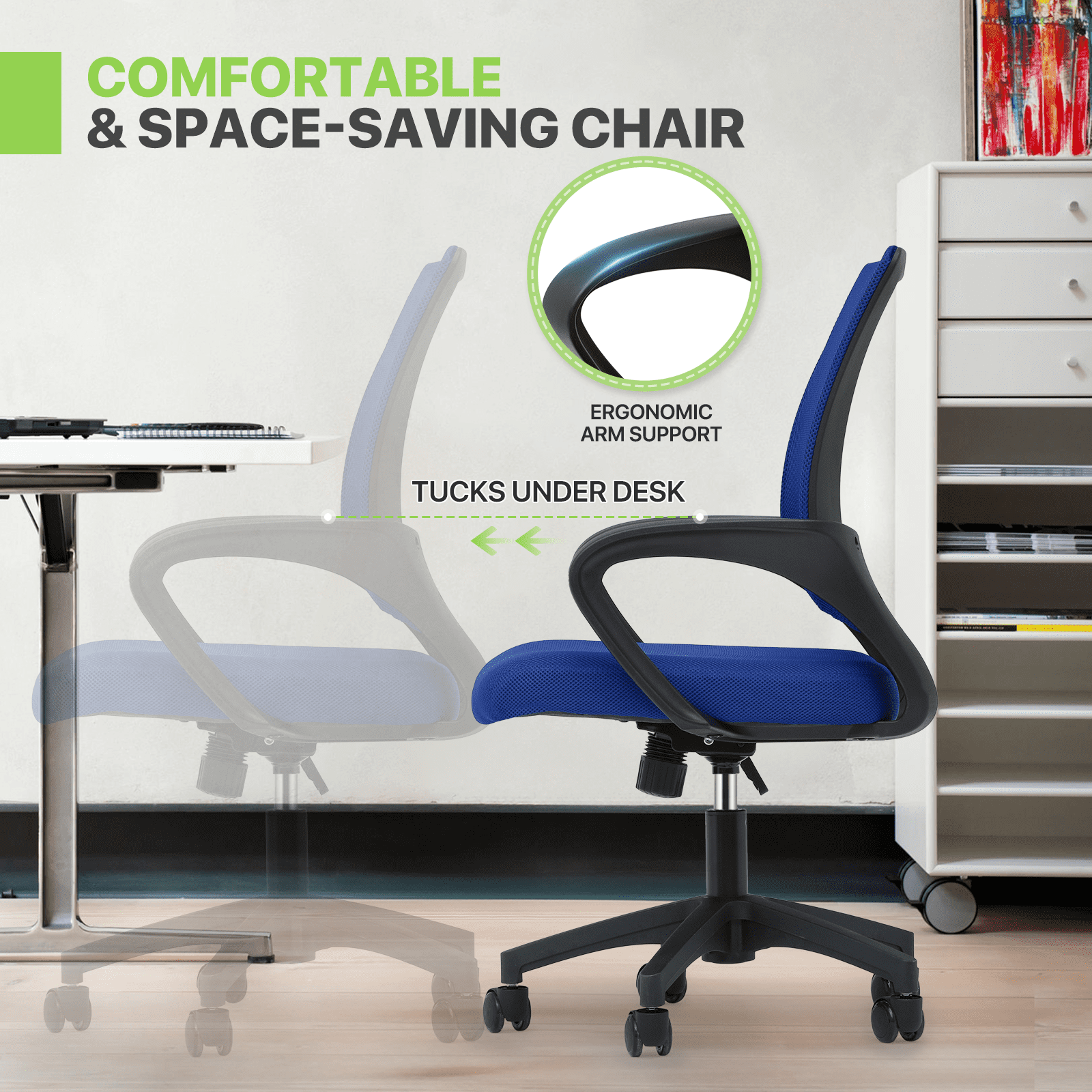 Magshion Set of 2 Office Chairs Mid Back Swivel Desk Chairs, Height Adjustable Ergonomic Mesh Computer Chairs with Armrest & Lumbar Support, Navy Blue