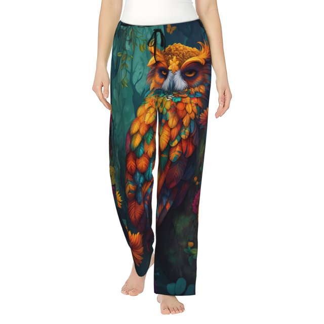 Fotbe Colorful Owl Forest Pantalones de Pijama para Mujer, Pantalones de Dormir, Pantalones Pj con Cordón y Bolsillos-Large