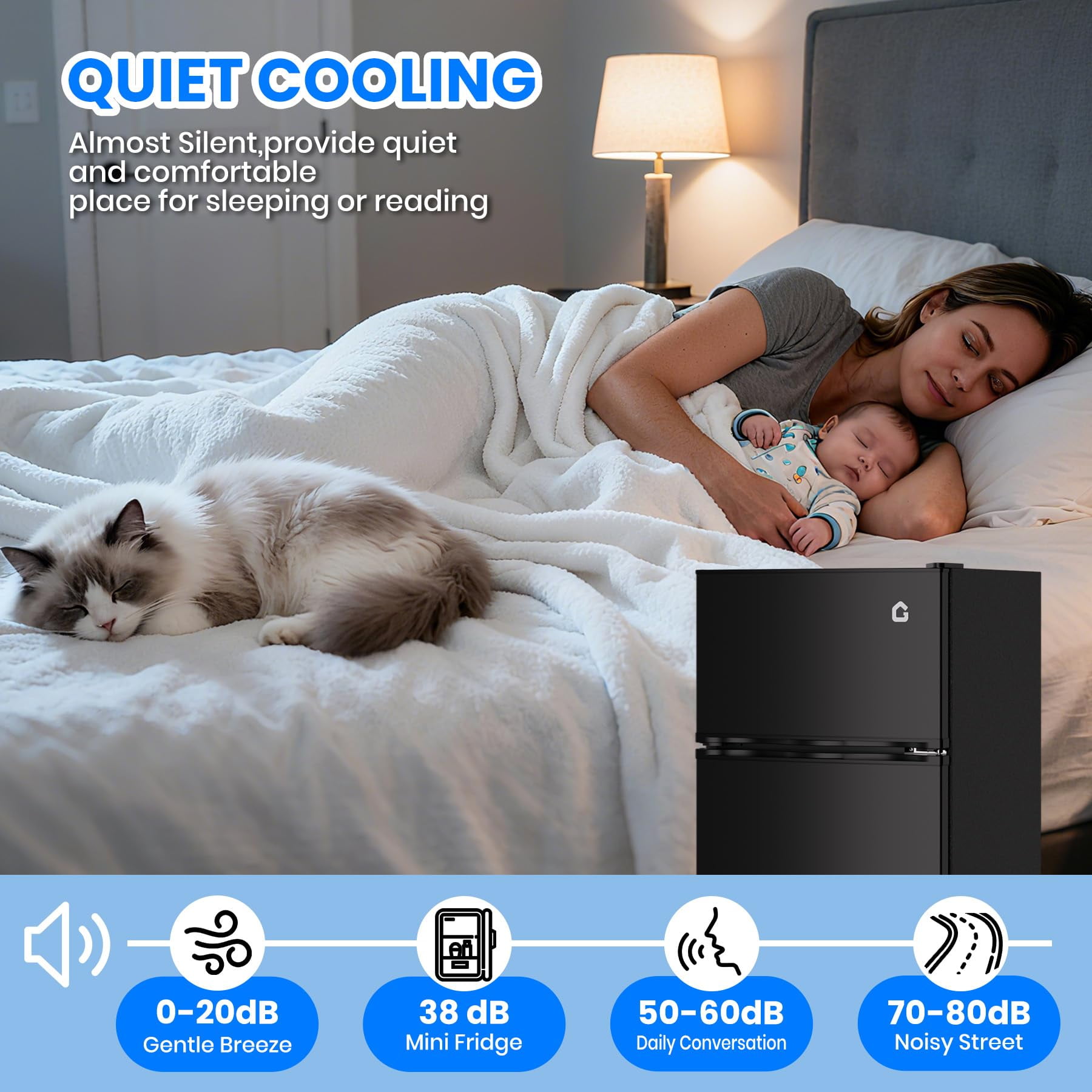 4.5 Cu. Ft. Mini Fridge with Freezer – Low Noise 38dB, Adjustable Thermostat, Energy Efficient – Large Capacity Small Refrigerator for Bedroom, Office & Dorm