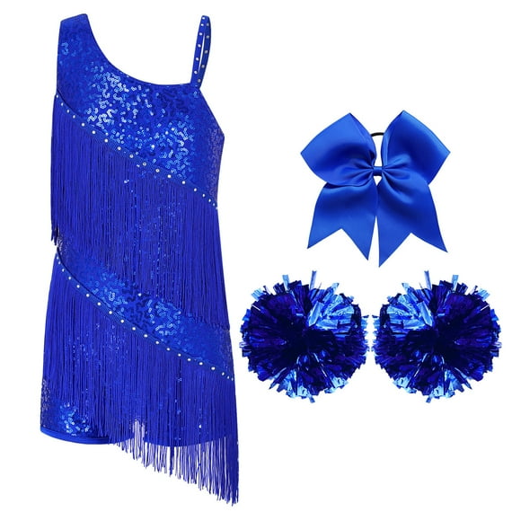 dPois Justaucorps à Franges pour Filles, Paillettes, Robe de Danse Latine, Léotard avec Accessoires, Ourlet à Franges, Tutu, Bleu Royal 10