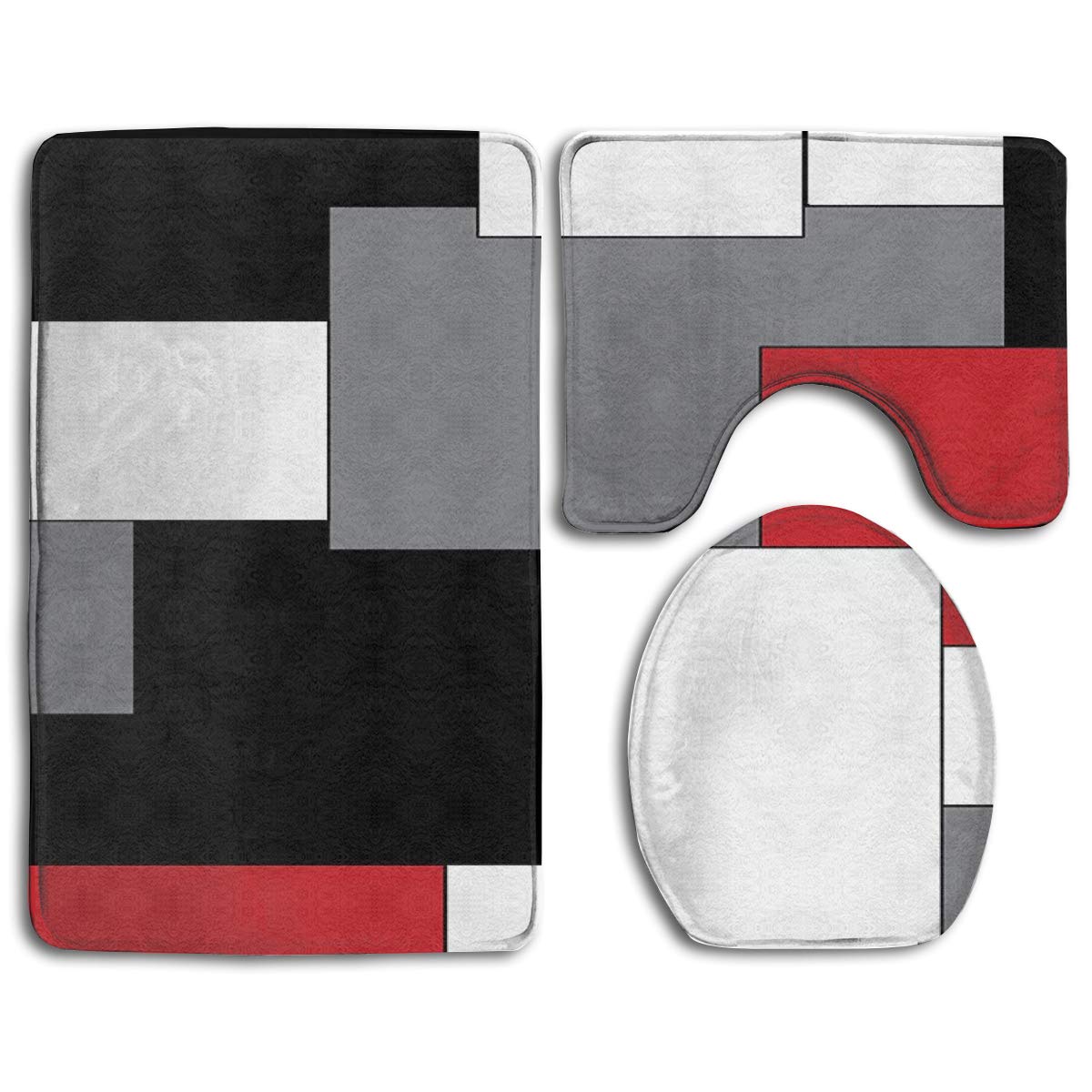 PUDMAD White Grey Black and Red Irregular Geometric 3 Piece Bathroom Rugs Set Bath Rug Contour Mat and Toilet Lid Cover - image 1 of 2