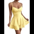 thumbnail image 1 of Vestido Mini de Fiesta Corto con Tirantes Finos y Lazo en la Espalda para Mujer, con Volantes Escalonados, Corte en A, y Ajustado. Amarillo L, 1 of 8