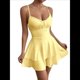 thumbnail image 1 of Vestido Mini de Fiesta Corto con Tirantes Finos y Lazo en la Espalda para Mujer, con Volantes Escalonados, Corte en A, y Ajustado. Amarillo XS, 1 of 8