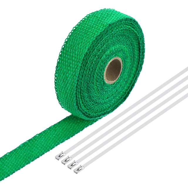 Fiberglass Exhaust Wrap Tape, 1" x 16' Green Header Heat Wrap with 4 Stainless Ties for Hot Rods Motorcycle