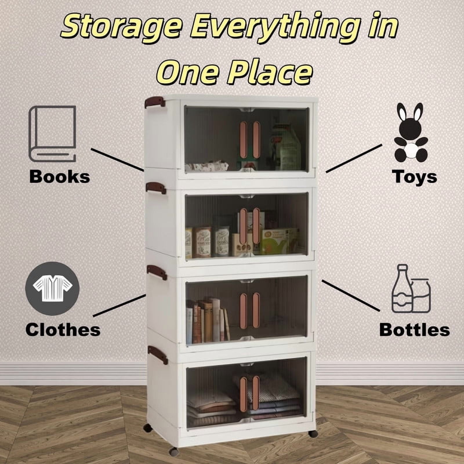 Howcool 3/4/5-Tier Stackable Storage Bins with Lid, Foldable Storage Box Cabinet with Wheels & Acrylic Doors