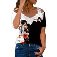 thumbnail image 1 of Blusa informal de manga corta con cuello en V y encaje con hombros descubiertos para mujer OAVQHLG3B Store  lin121212, 1 of 5