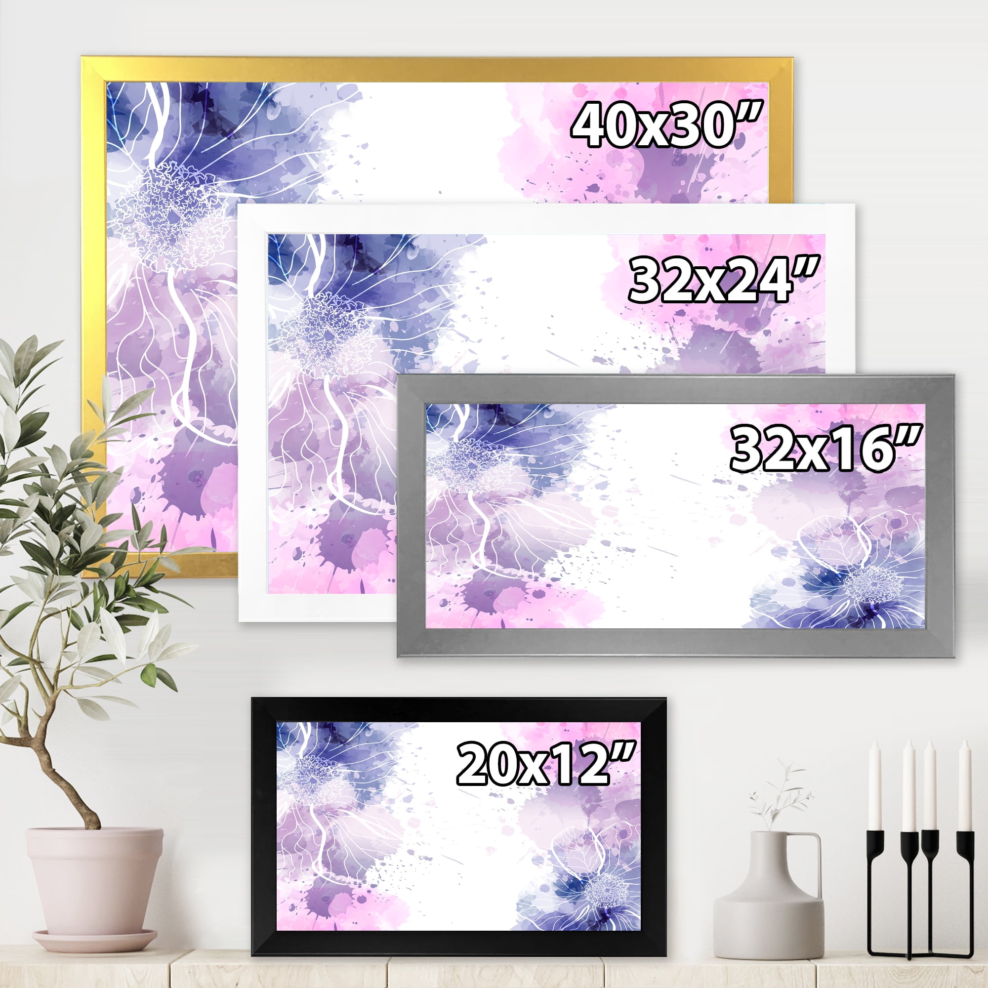 Designart 'Pink and Purple Abstract With Colorful Splashes I' Modern Framed Art Print