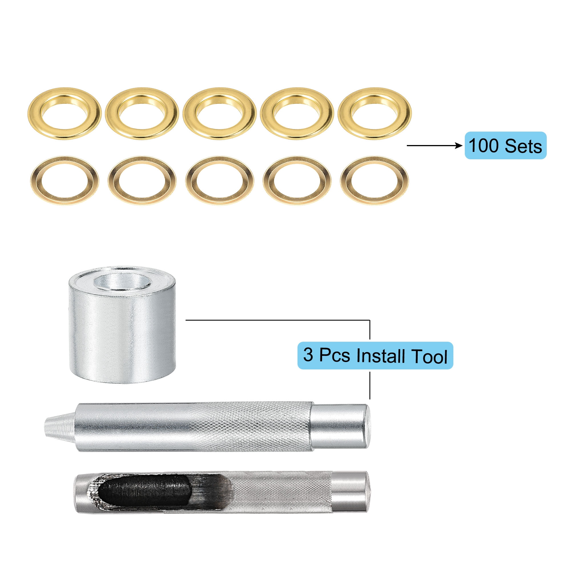 Grommet Tool Kit 100 Sets 3/8" Copper Grommets Eyelets with 3pcs Install Tools, 10mm Inside Dia. Gold Tone