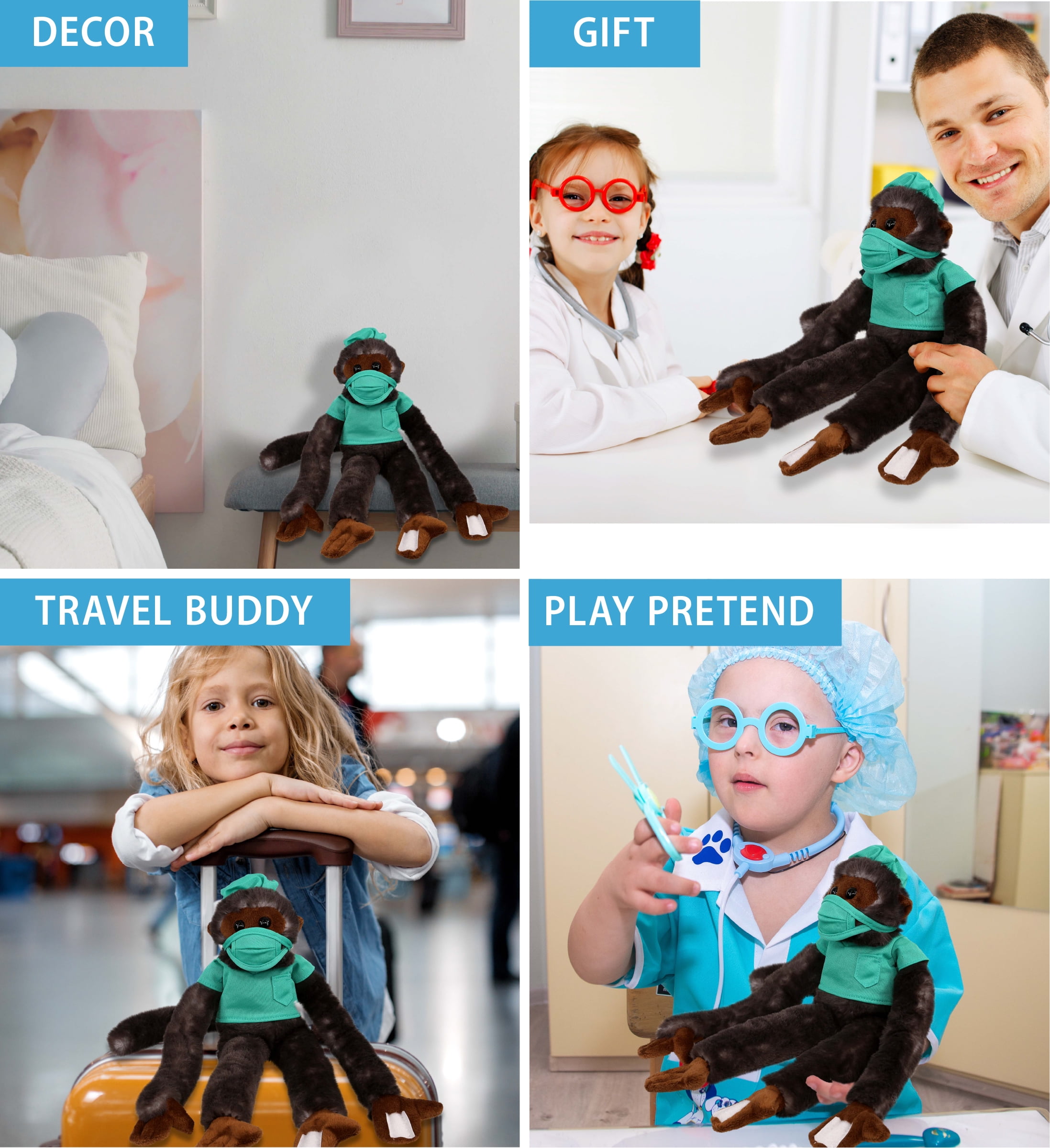 DolliBu Black Capuchin Monkey Doctor Plush Toy - Super Soft Monkey Doctor Stuffed Animal Dress Up with Cute Scrub Uniform and Cap Outfit - Fluffy Doctor Toy Plush Gift - 21 Inch