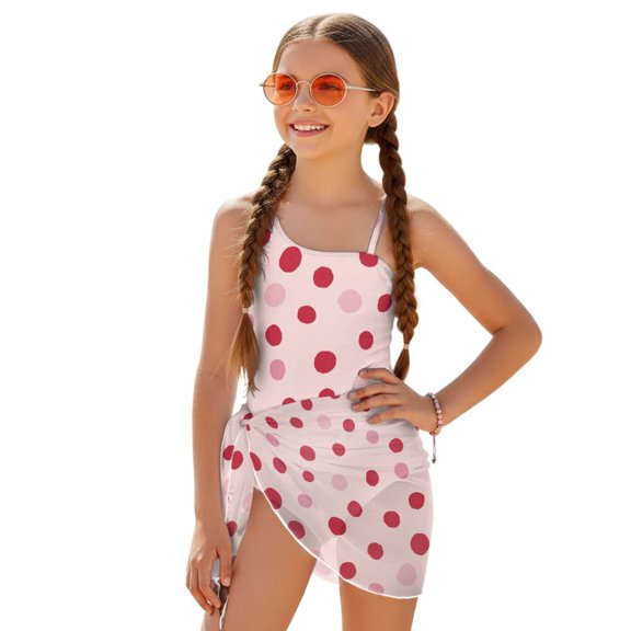 Tutolipy Polka Dot Pattern Quick Dry Girls' One Piece Swimsuit with Cover Up, Mesh Fabric Adjustable Strap Girls Swimsuit for Summer 9-10 Years Old