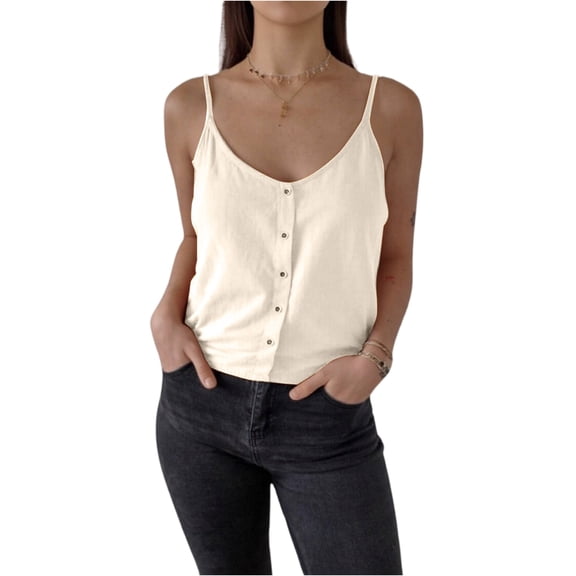 LWavelet Button-Front Spaghetti Strap V-Neck Tank Top Women Daily Casual Comfortable Versatile Tops White 2XL